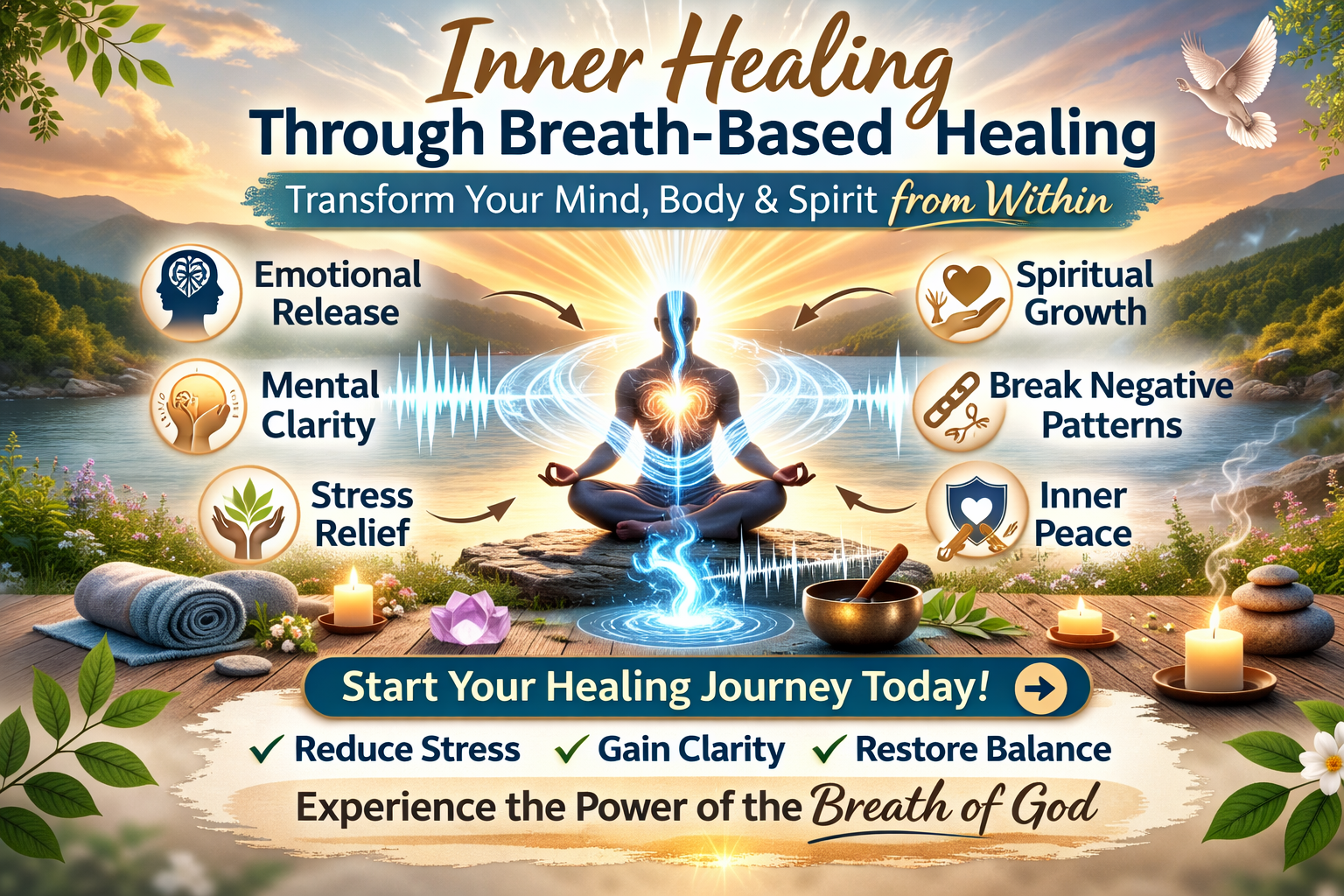 Inner healing through breath-based healing with meditating figure and sunrise wellness scene.