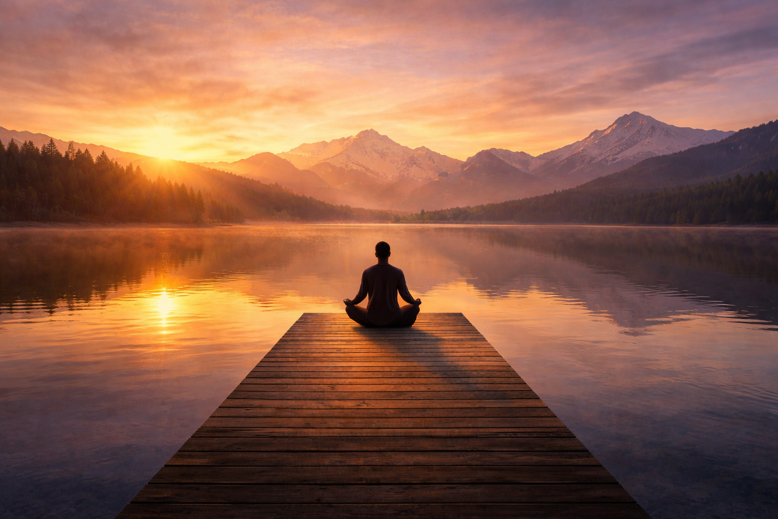 Inner peace meditation at sunrise by a calm lake with mountains reflecting stillness