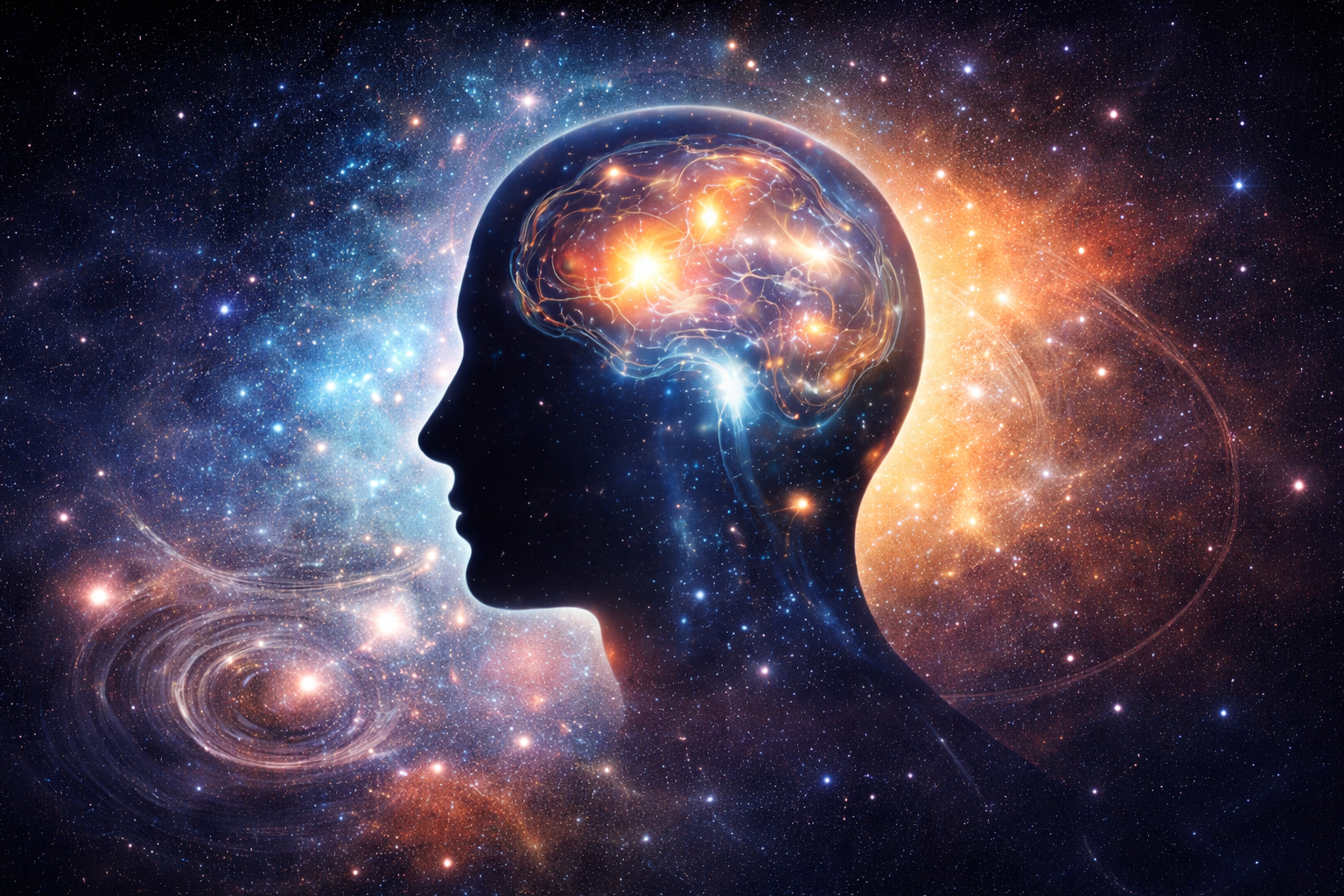 Human silhouette with glowing brain and cosmic galaxy background representing the power of the subconscious mind