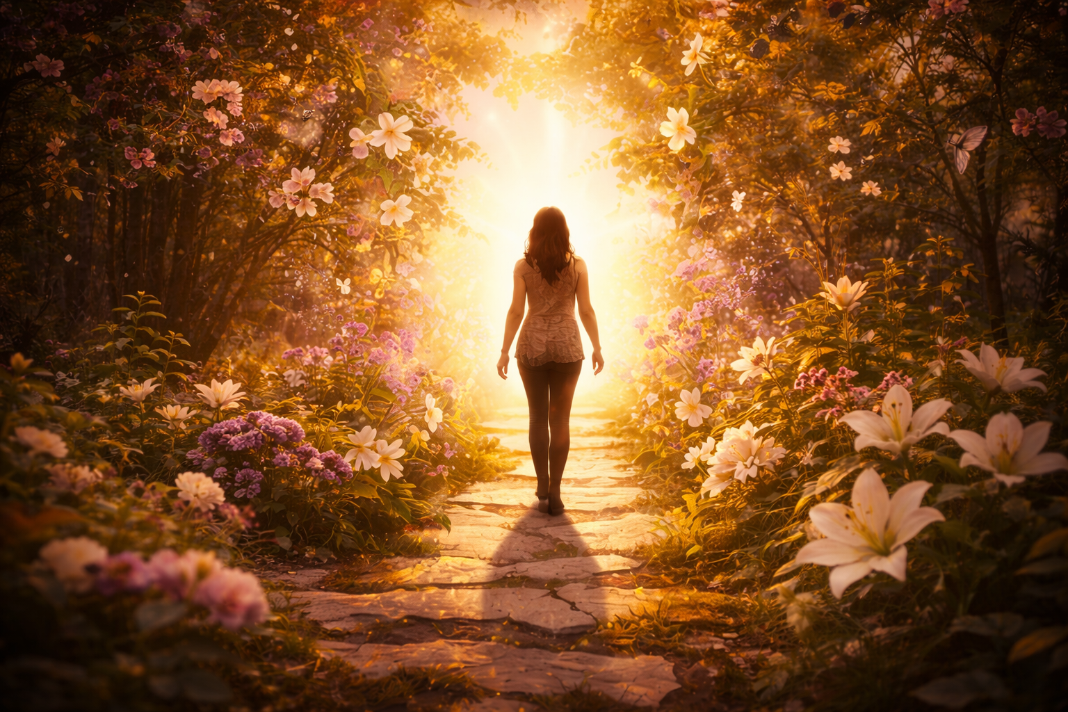 woman walking toward bright light in a peaceful garden path representing letting go and subconscious healing