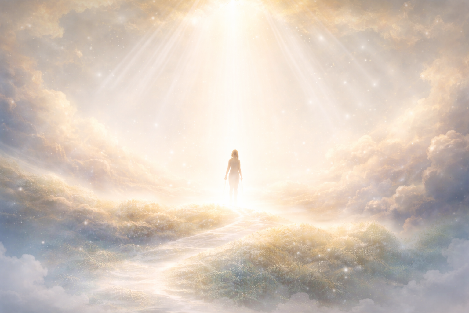 person standing in radiant light above clouds symbolizing healing, inner peace, and subconscious transformation