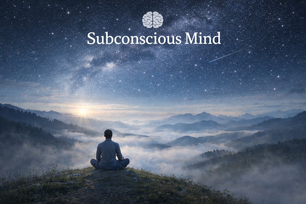 Person meditating under a starry sky representing the subconscious mind and inner awareness