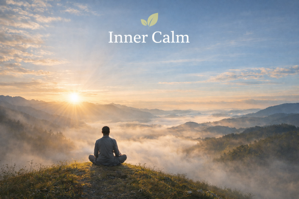Inner calm meditation at sunrise with a person sitting peacefully on a mountain overlooking misty valleys and nature