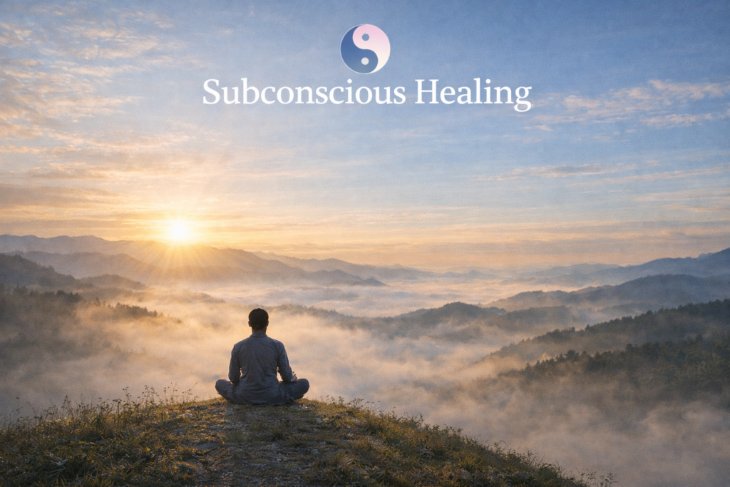 Person meditating at sunrise representing subconscious healing and inner peace